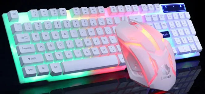 GTX300 black and white gaming keyboard and mouse set with backlit keys on desk