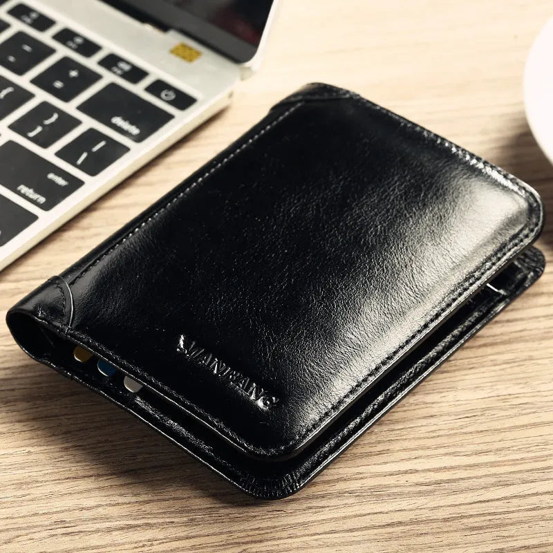 Men's leather wallet showing multiple internal compartments including card slots and change purse
