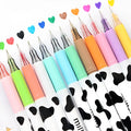Box of 12 assorted colour gel pens with 0.38mm fine tips and plastic cow design shells