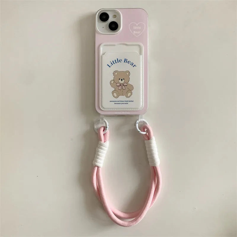 Pink bear TPU card holder lanyard phone case for iPhone 11 to 15 Pro Max with detachable strap