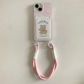 Pink bear TPU card holder lanyard phone case for iPhone 11 to 15 Pro Max with detachable strap