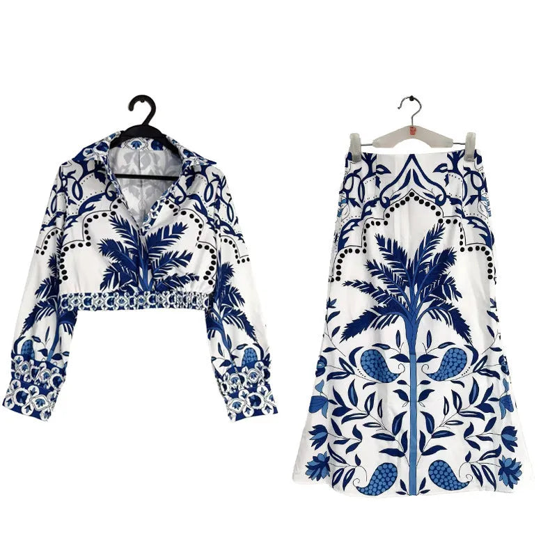 Women's floral print polyester co-ord set with long sleeve top and matching long skirt