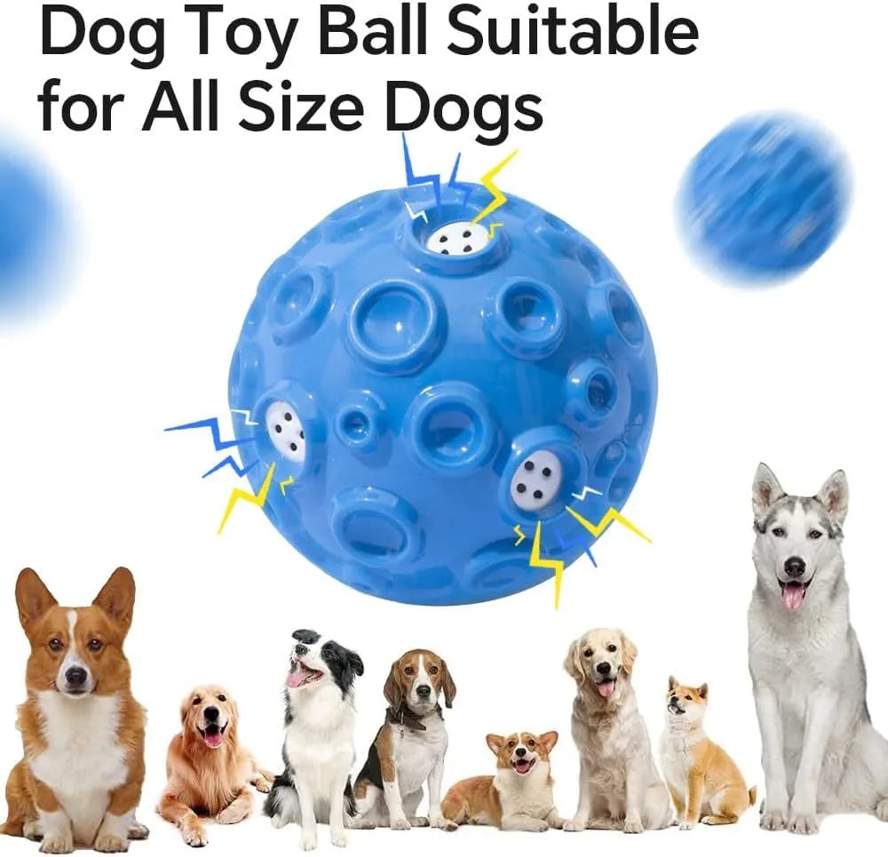 Colourful rubber dog chew ball with textured surface and squeaky sound mechanism