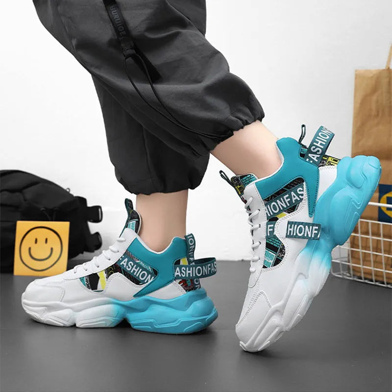 Men's high-top colourblock lace-up casual sneakers in orange with synthetic leather upper and thick rubber sole.