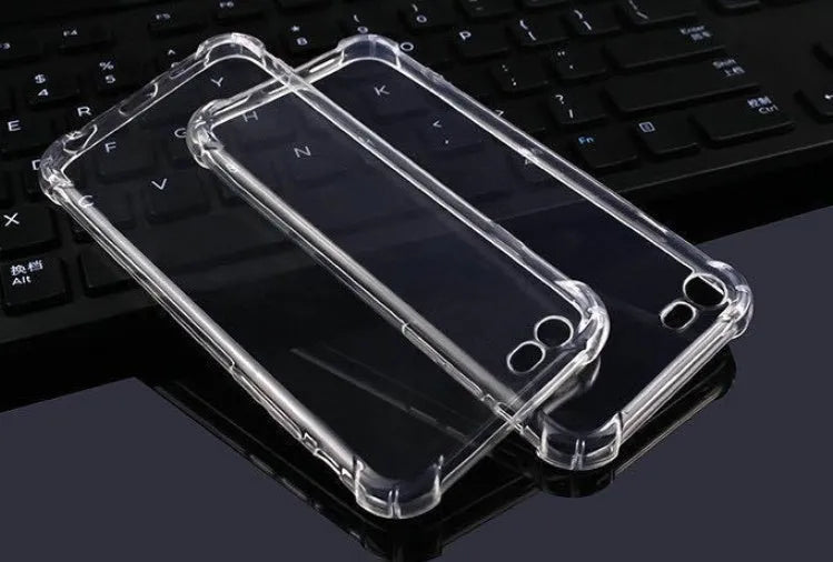 Clear transparent TPU shockproof back cover case for Apple iPhone on a white background.