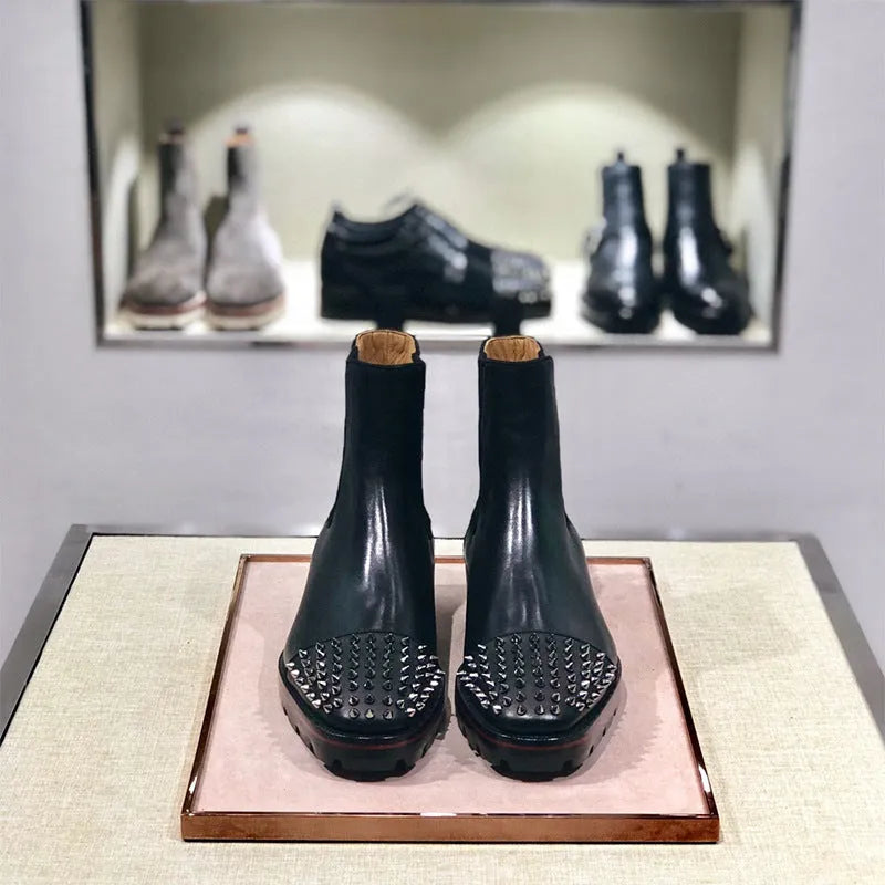 Black leather high-top business casual shoes with cowhide upper and leather sole