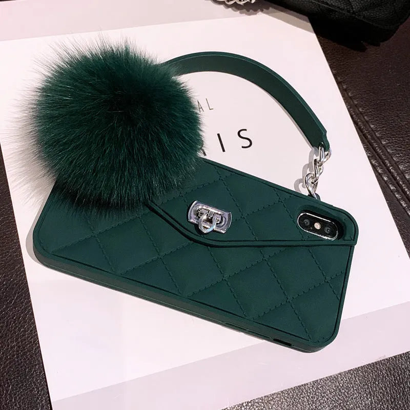 TPU iPhone case with plush hairball texture in dark green grid pattern showing back cover design