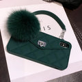 TPU iPhone case with plush hairball texture in dark green grid pattern showing back cover design