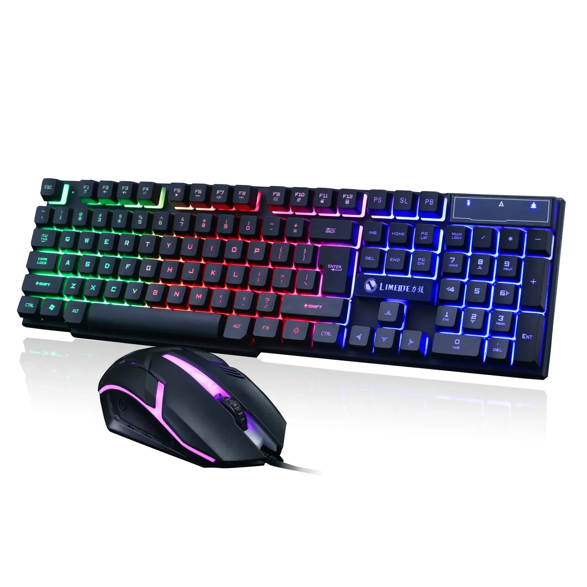 Limei GTX300 white RGB backlit gaming keyboard and mouse set on a desktop