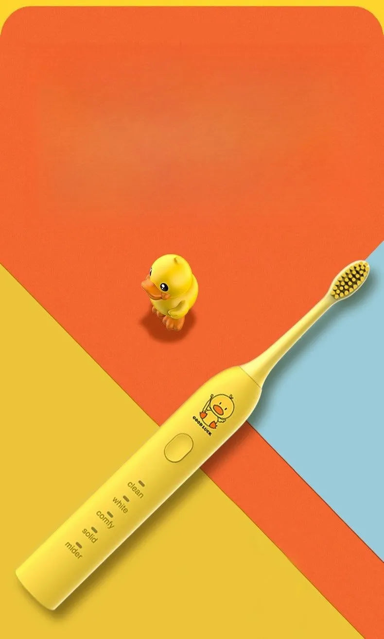 Yellow USB rechargeable electric toothbrush with soft bristles and duck laser engraving design