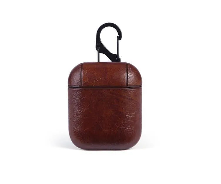 Genuine leather protective pouch for Apple AirPods charging case in black, brown, light brown, and red.