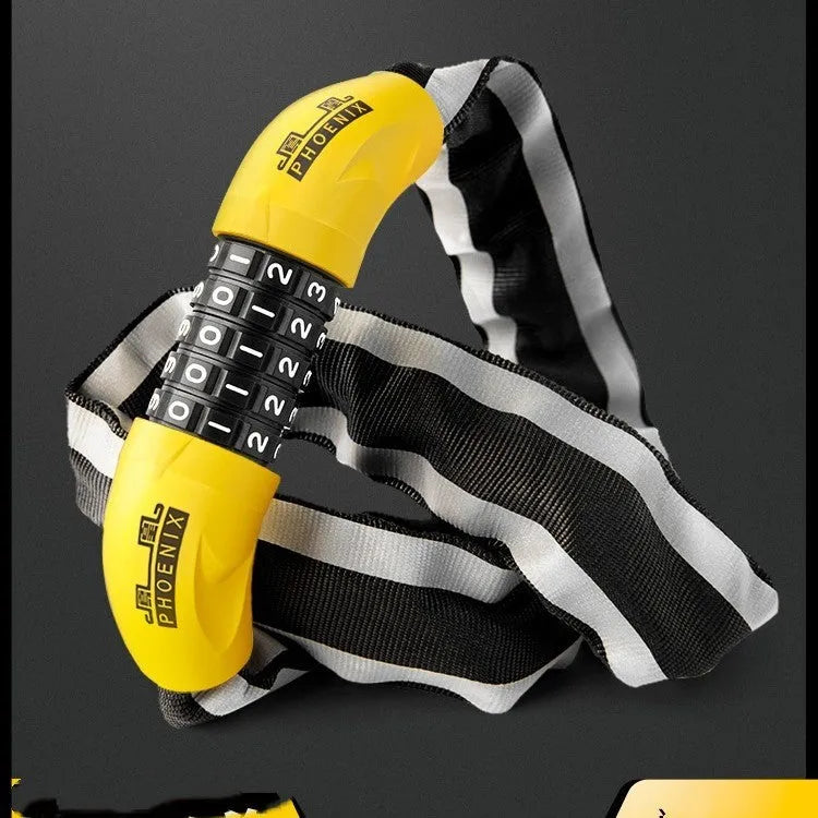 Black zinc alloy mountain bike chain lock with a 95cm length shown next to a yellow combination lock variant.