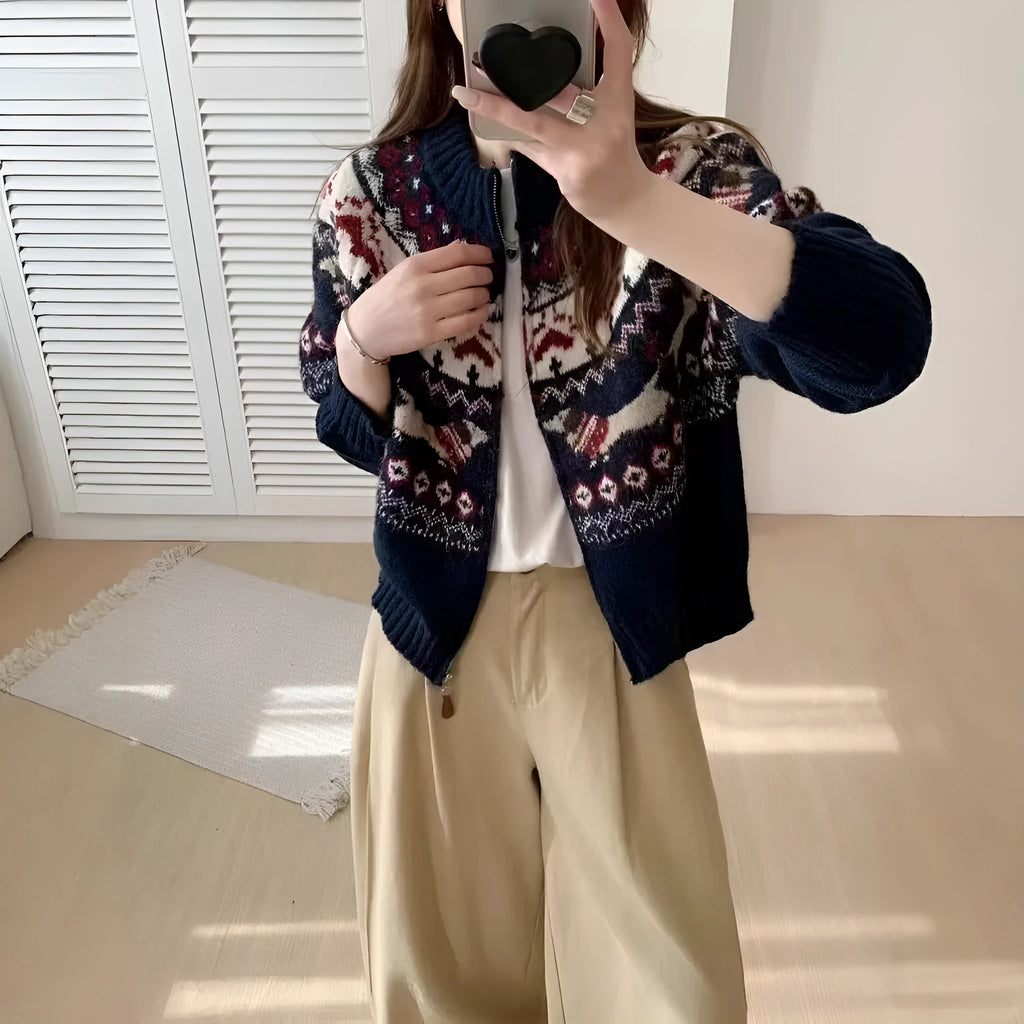Ethnic style jacquard pullover sweater with 3D pattern in apricot colour showing round neck and long sleeves