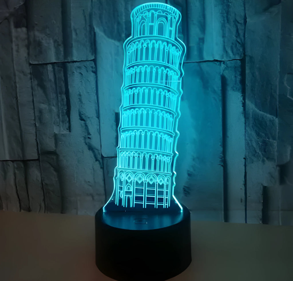 Leaning Tower of Pisa 3D acrylic night light illuminating in multiple colours on a desk