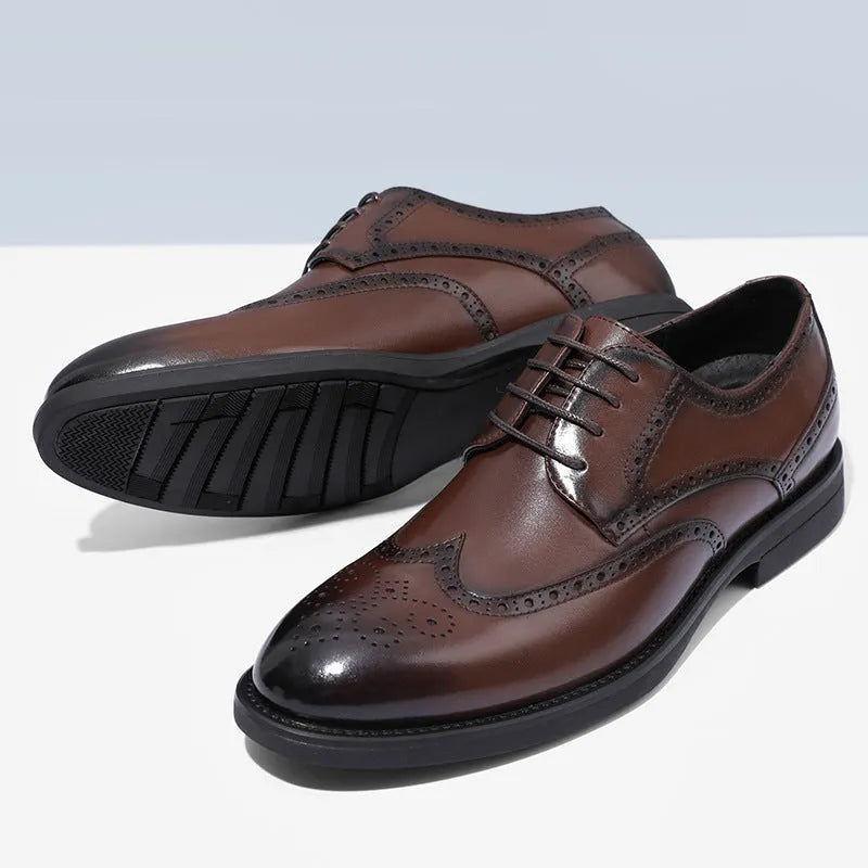 Men's black and brown brogue business shoes with traditional detailing and PU leather upper