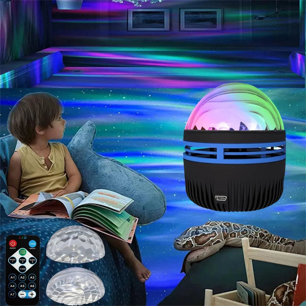 LED rotating magic ball galaxy projector lamp with remote control on a bedside table.