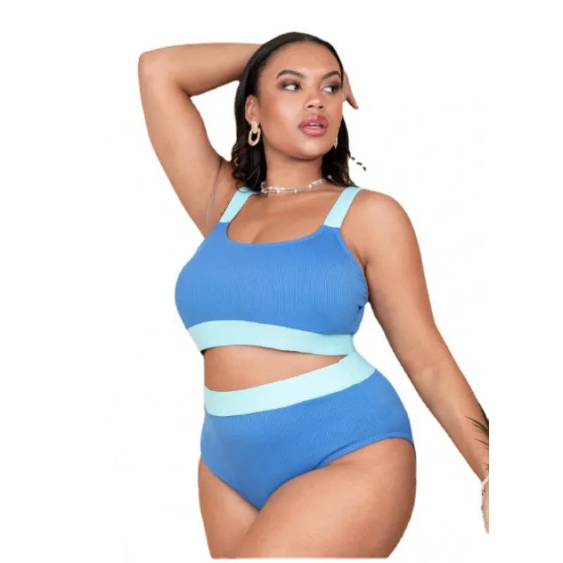 Women's high-waist polyester bikini set with stitching detail and brief cut in assorted colours