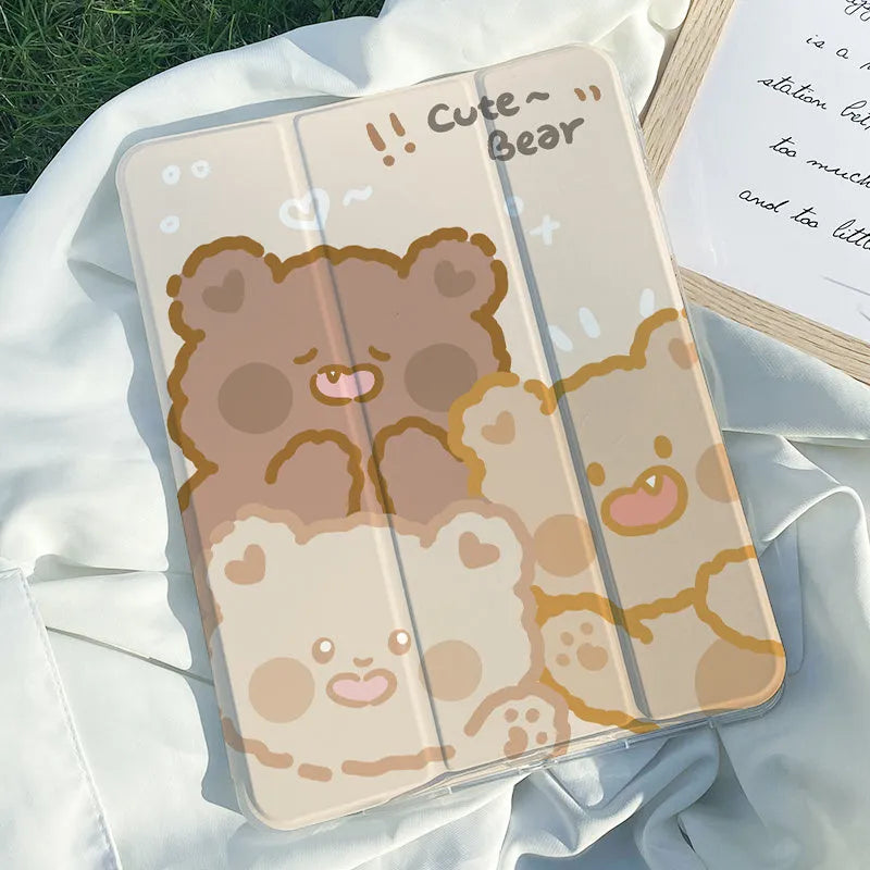 iPad silicone tri-fold protective case showing rabbit cartoon pattern design