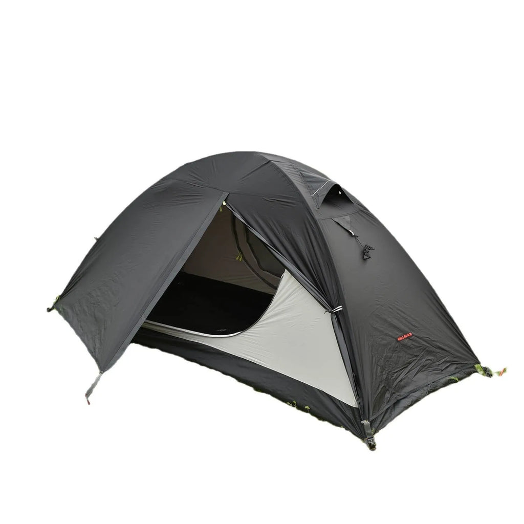 Single person lightweight camping tent with aluminium poles in red colour showing double-layer construction
