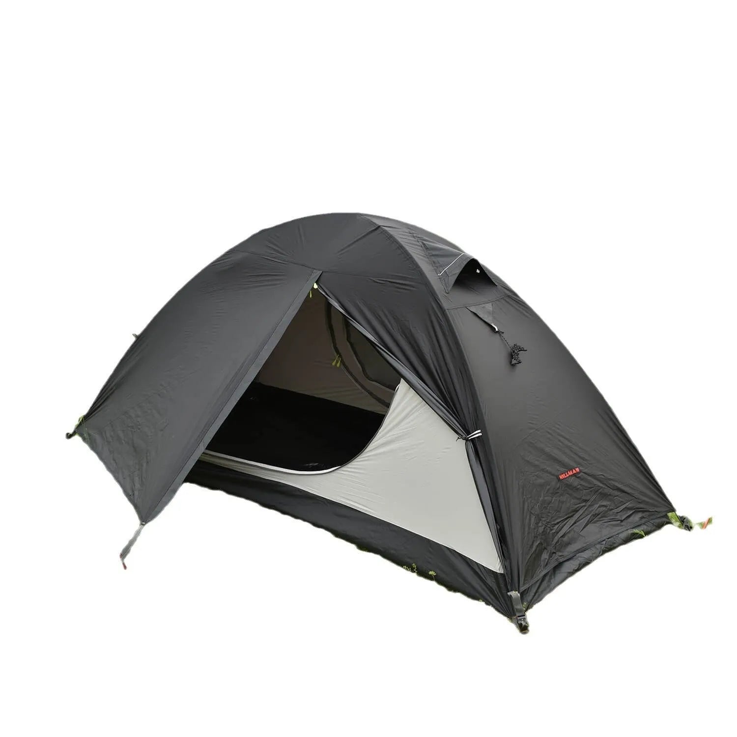 Single person lightweight camping tent with aluminium poles in red colour showing double-layer construction
