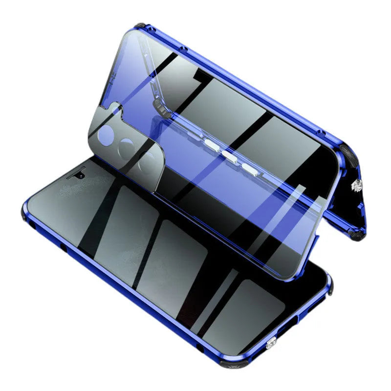 Black anti-peeping magnetic clamshell phone case for Samsung Galaxy smartphones shown closed.