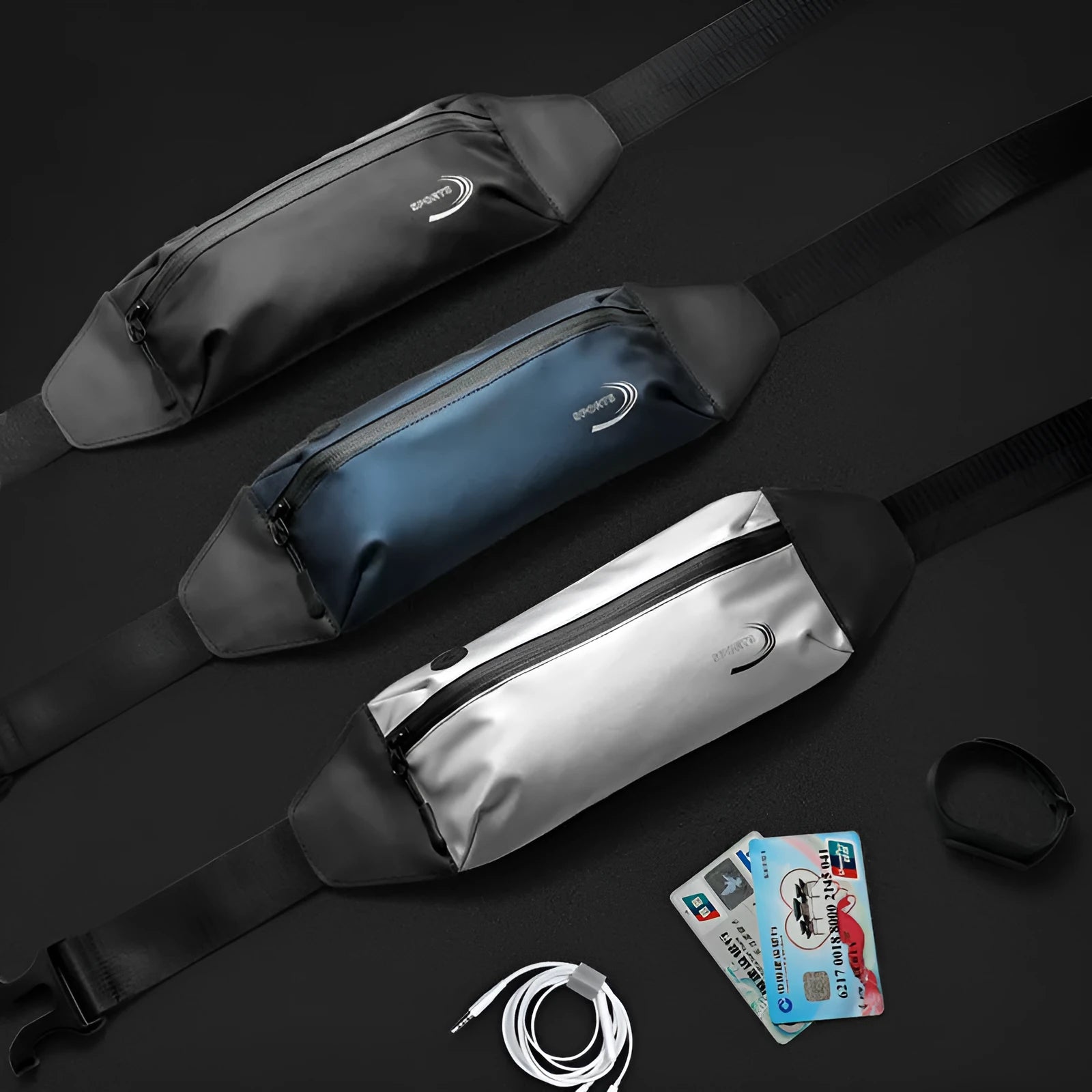 Men's blue waterproof sports waist bag made from Derm Oxford polyester, shown with adjustable strap.