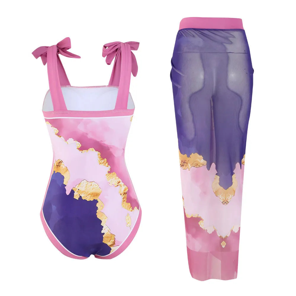 Floral print one-piece polyester swimsuit with matching skirt, sleeveless, available in brown printing