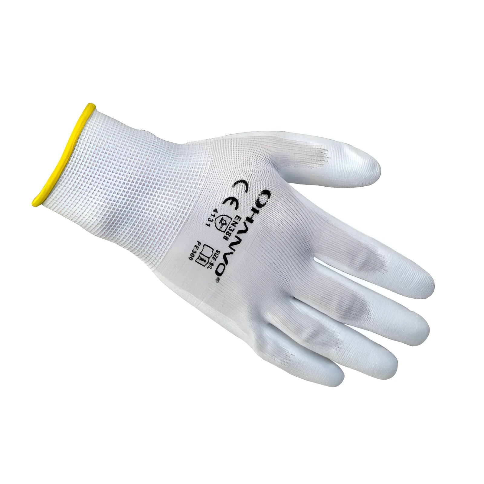 White PU coated industrial work gloves showing flexible construction and 24 cm length