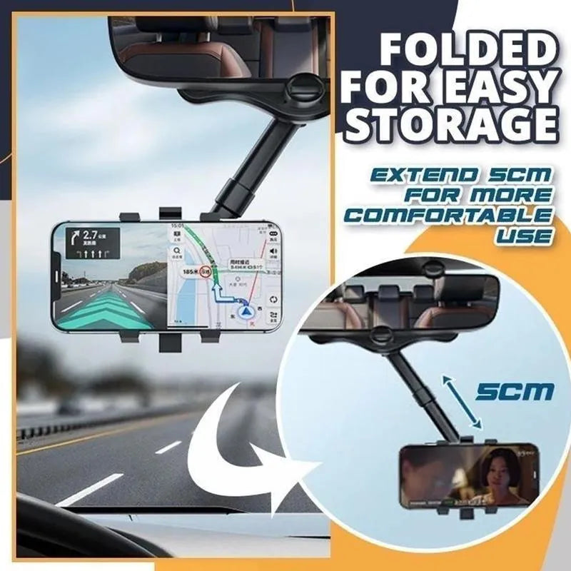 Black rearview mirror car phone holder with 360-degree rotation and telescopic arm extended