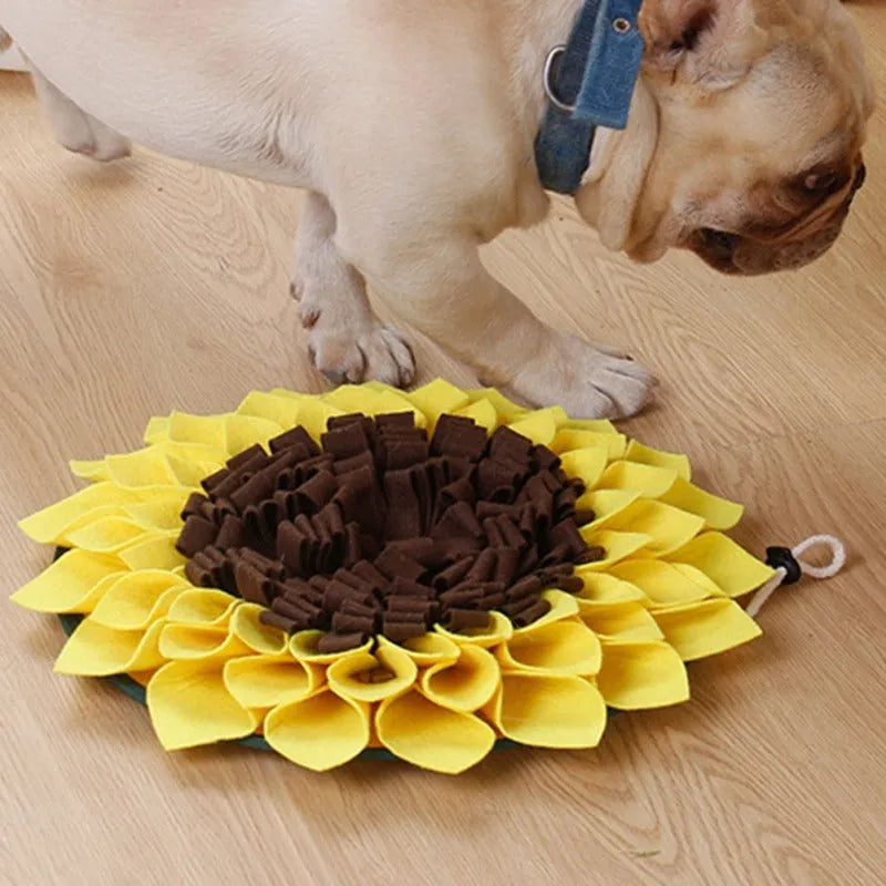 Yellow sunflower-shaped non-slip dog snuffle mat with fleece layers for slow feeding and nosework training