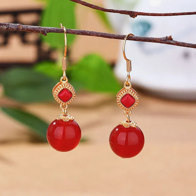 Southern red agate round beads and S925 silver inlaid jasper copper alloy earrings, geometric shape, simple style