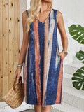 V-neck sleeveless vest dress with colour-blocked striped pattern in midi length