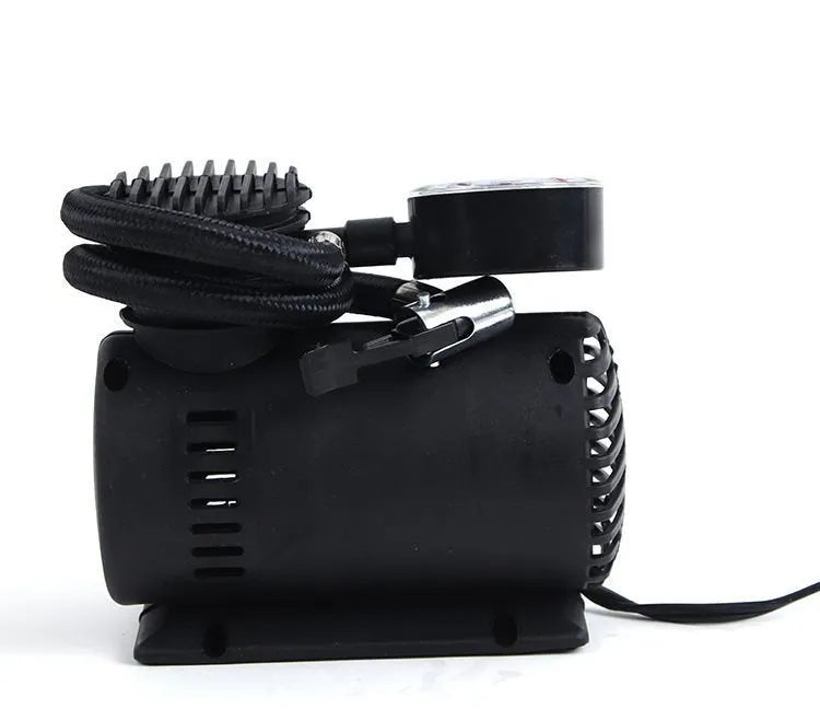Mini 12V car air compressor in black with pressure gauge and 9-foot cord