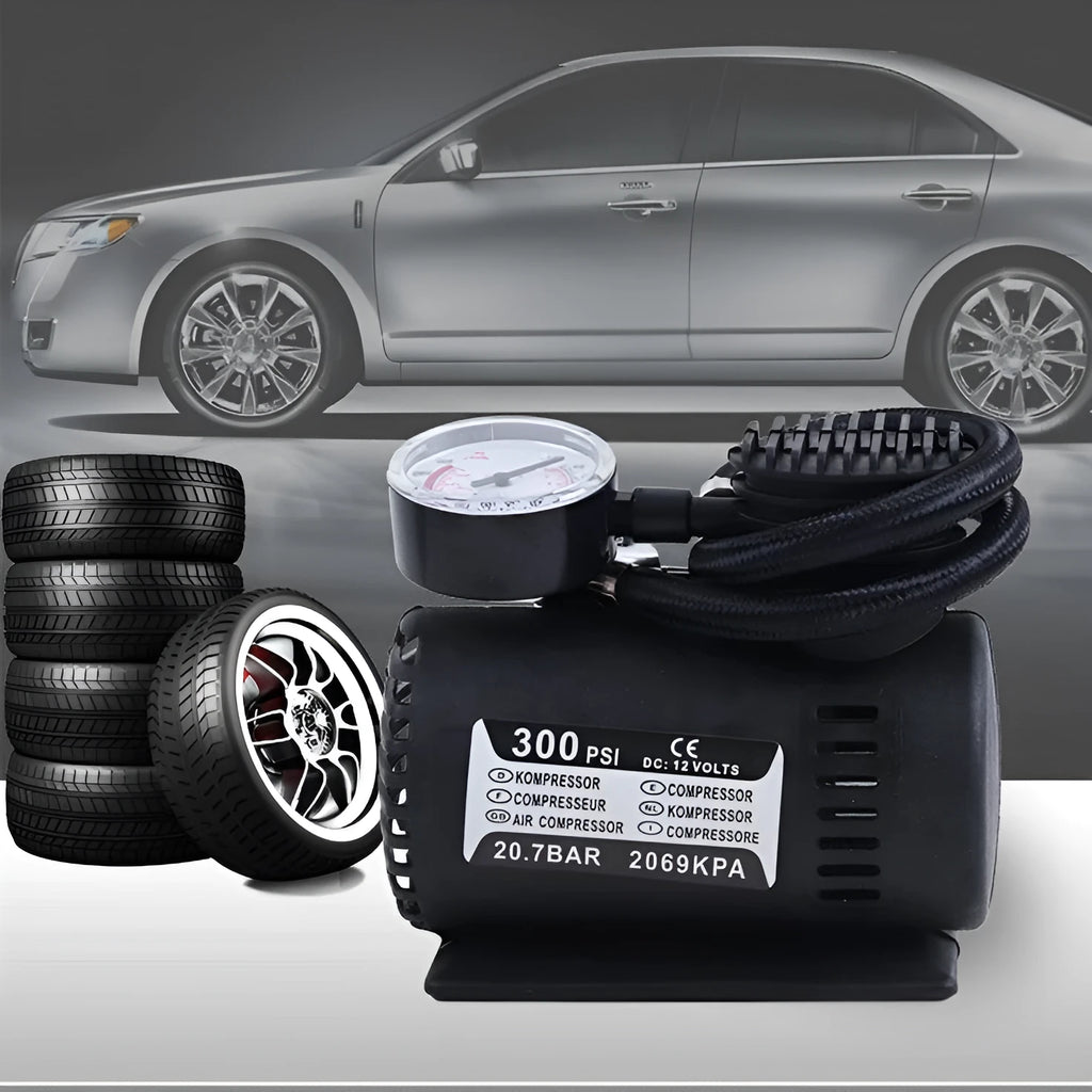 Mini 12V car air compressor in black with pressure gauge and 9-foot cord