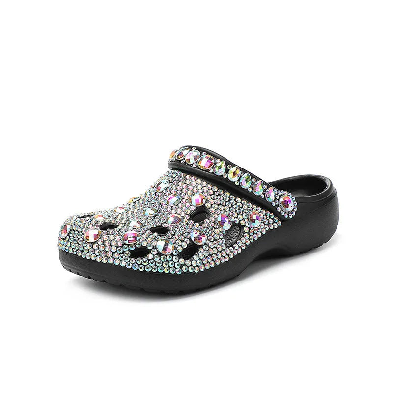 Black women's platform sandals with rhinestone decorations on EVA upper and sole
