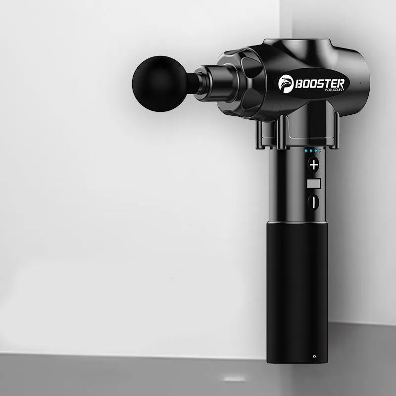 Black and white muscle massage gun with lithium battery showing 12mm stroke depth