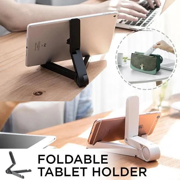 Black foldable tablet holder showing adjustable stand supporting smartphone in landscape orientation