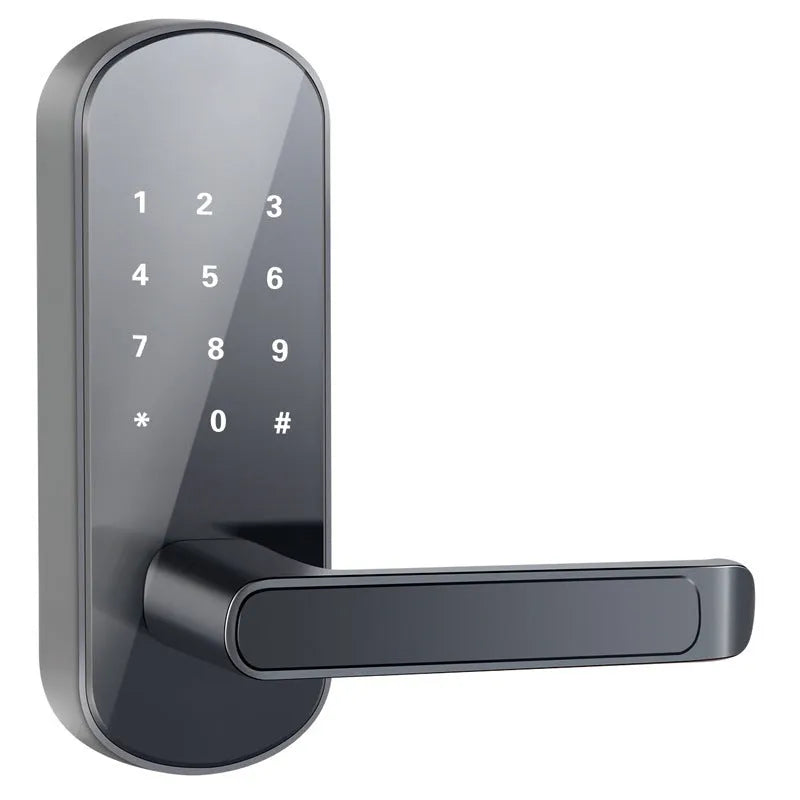 Smart Bluetooth fingerprint door lock in black or silver, showing fingerprint sensor and keypad.
