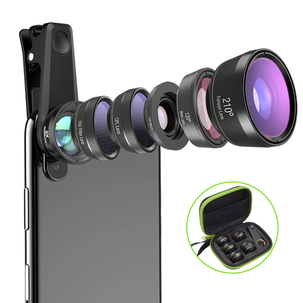 Black 6 in 1 mobile phone lens kit with fisheye, telephoto, wide-angle macro, CPL and star filters in EVA case.