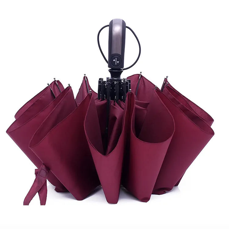 Large triple-folding automatic business umbrella with steel frame and NC fabric canopy