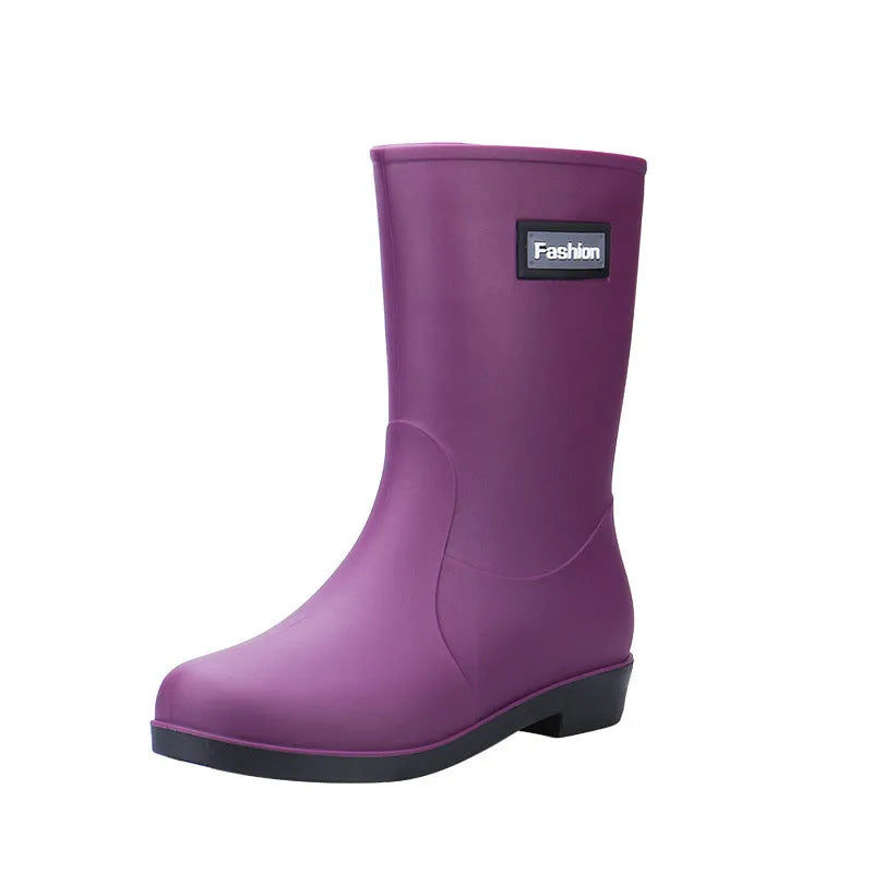 Women's PVC mid-calf rain boots in black with low heel, size 36-40
