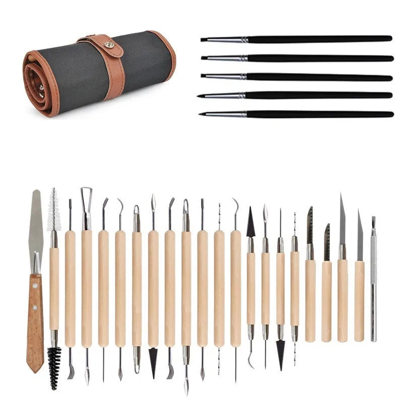 27-piece pottery clay tool set with stainless steel, wooden, and plastic tools in roll package