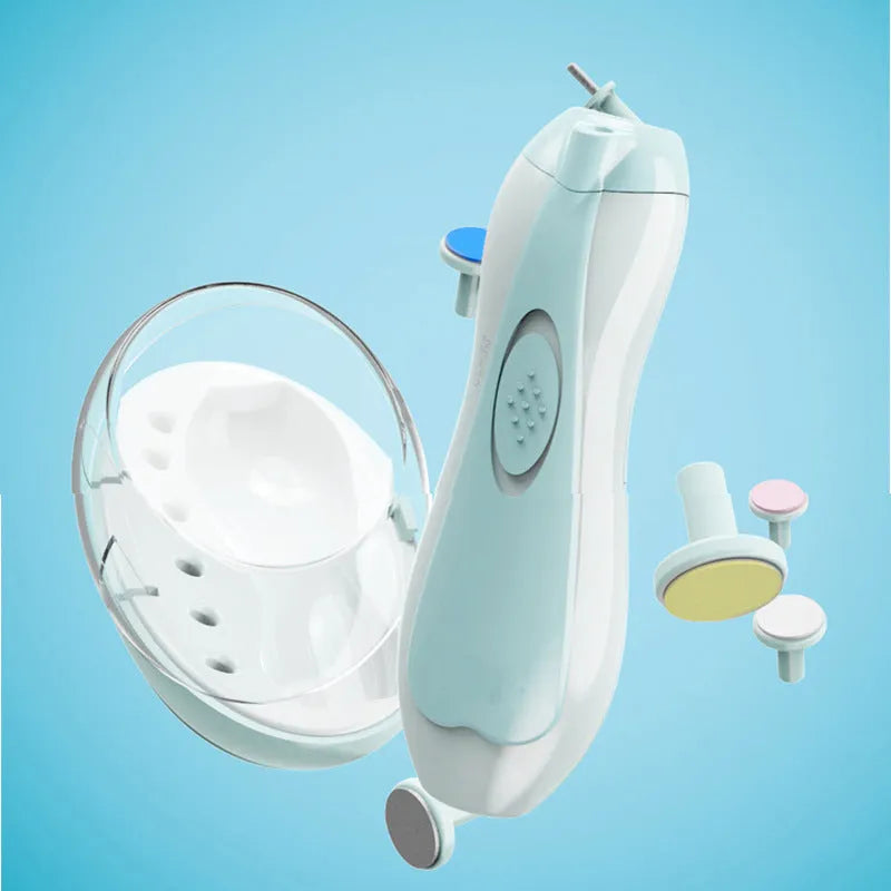 Ultra-quiet electric baby nail polisher in pink, showing compact design with button.