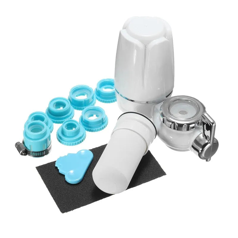 White kitchen tap water filter with ceramic cartridge and universal adapter fittings