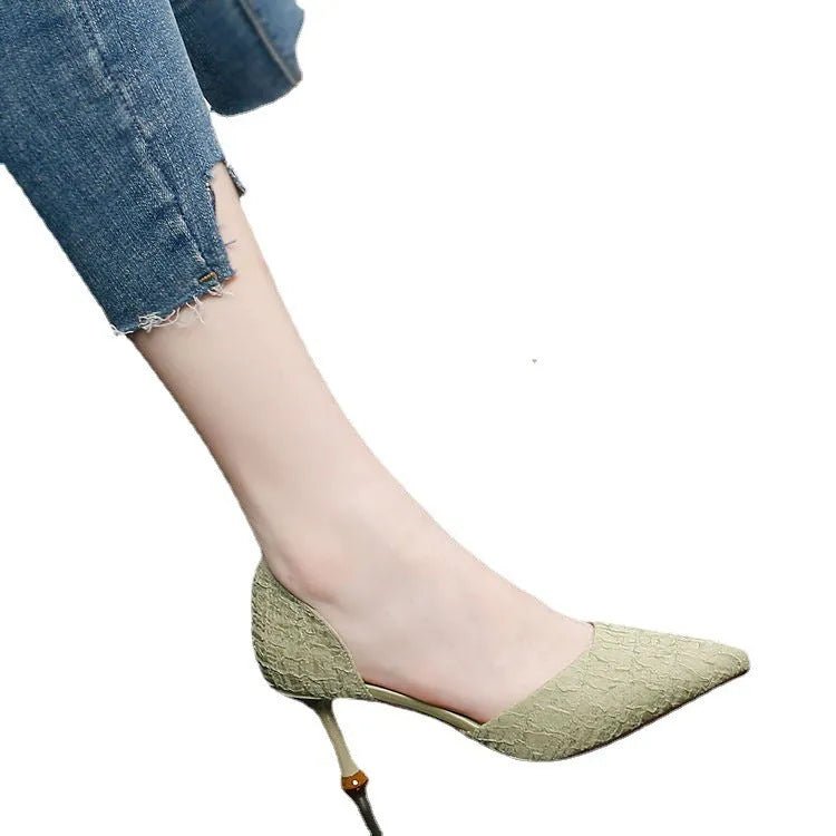 Women's black pointed toe stiletto high heels with 6-8cm heel on rubber sole