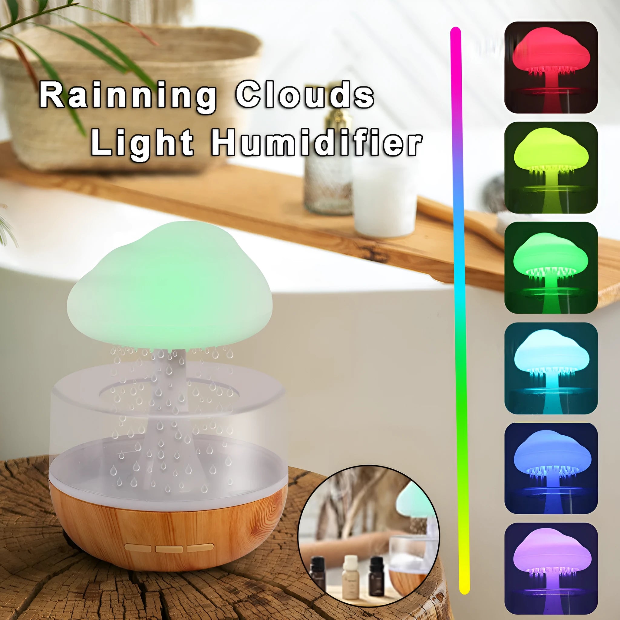 White USB micro humidifier and aromatherapy diffuser with colourful night light on.