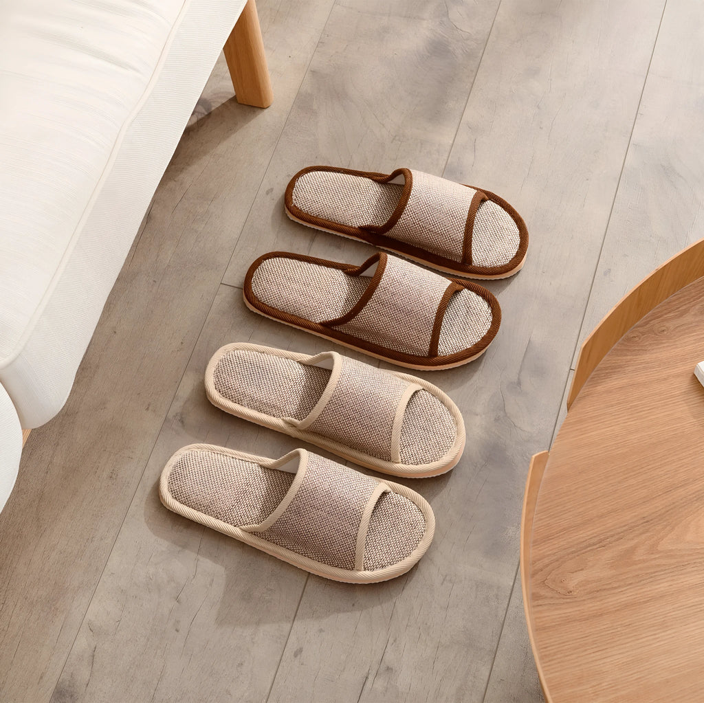 Women's cotton and linen open toe slippers in dark coffee, thickening sole, breathable indoor house shoes