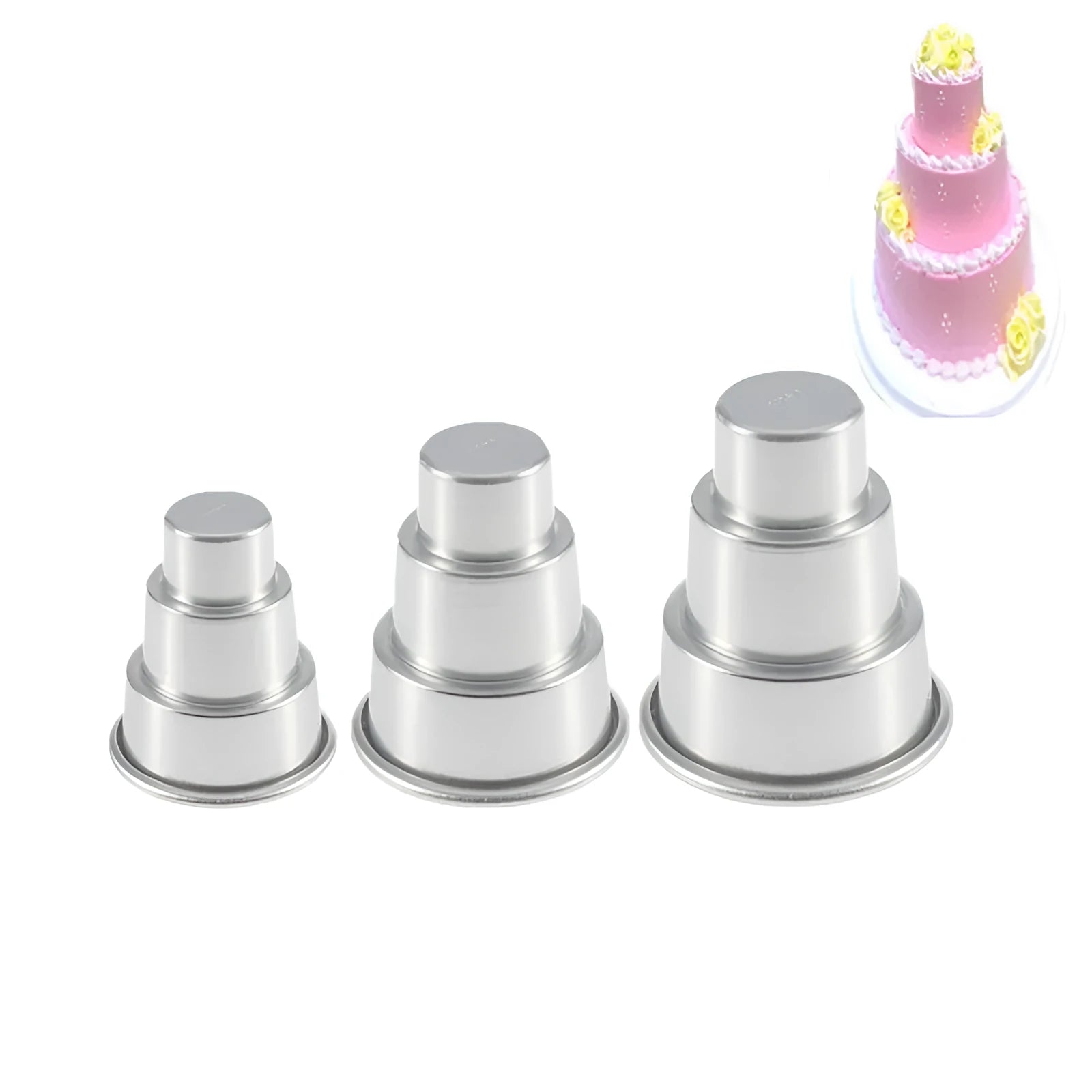 Mini three-layer aluminum alloy cake mold set in silver with large medium and small sizes for fondant cake forming