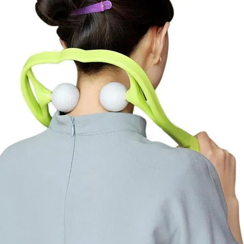 Plastic swan-shaped hand roller neck massager in pink colour with adjustable bracket and 3D massage points.