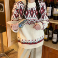 Red and white striped loose fit retro pullover knitted top with long sleeves